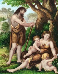 Adam och Eva med sina söner, Kain och Abel, vilande i vildmarken, omkring 1860