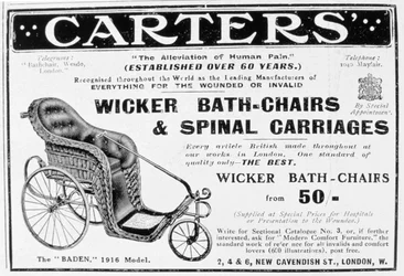 Annons för Carters flätade badstolar och ryggradsvagnar, 1916