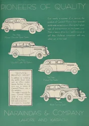 Annons för Naraindas & Company, leverantörer av bilar, 1936.