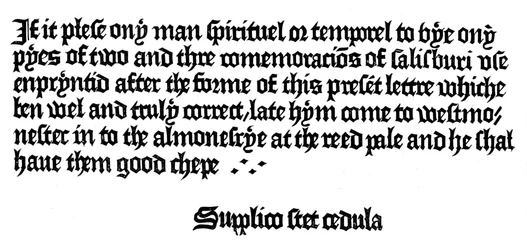 Annons för en bok tryckt av William Caxton, 1400-talet 1893