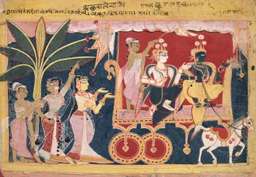 Akrur kör Krishna och Balrama till Mathura Isarda Bhagavata Purana, S. 1560-1570.