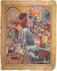 Alamshah som klyver sönder hjulets kedja, från volym 11 av en Hamza-nama..., ca. 1560-1570