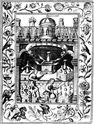 Alkemiskt laboratorium som visar olika former av ugnar och kärl, 1652