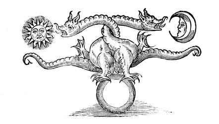 Alkemisk symbol som representerar omvandlingen av oädel metall till silver och guld, 1652