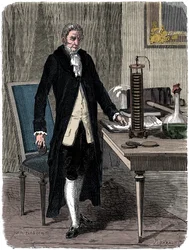 Alessandro Volta, italiensk fysiker, demonstrerar sitt elektriska högbatteri, c1800 c1870