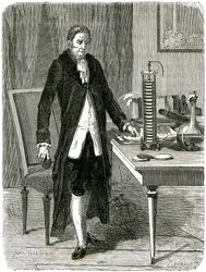Alessandro Volta, italiensk fysiker, demonstrerar sitt elektriska högbatteri, c1800 c1870