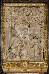 St. Josefs altare eller den heliga familjens altare, högrelief, Giacomo Bertesi 1668, katedralen Santa Maria Assunta, katedralen, Cremona, Lombardiet, Italien (foto)