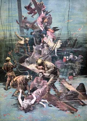 En olycka i Santander, dykare som letar efter offrens kroppar, 1893