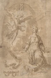 En ängel som visar sig för den heliga Katarina av Alexandria i fängelset recto, Volute verso, 1600-talet.