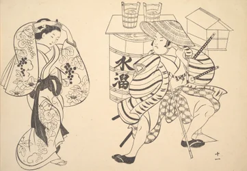 En Oiran ordnar om sitt hår på gatan medan en ung samuraj tittar på.