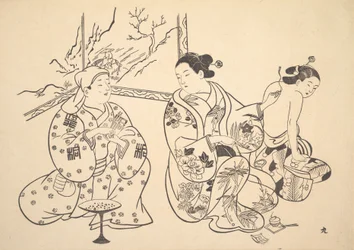 En Oiran som sitter i en salong tillämpar brandbehandlingen på en annan kvinnas blottade rygg.