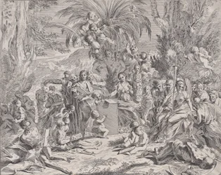 En allegori över måleriet, som som barn i mitten till vänster ritar på en tavla, surrou..., 1650-1700.