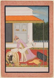 Ett amoröst par, förmodligen Raja Mahendra Pal från Basohli r. 1806- 1813 med en favorit...c. 1810.