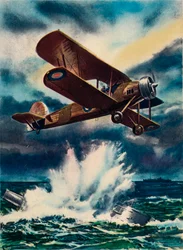 Ett konstnärsintryck av en Fairey Swordfish som sänker en U-båt i Nordsjön, 1940