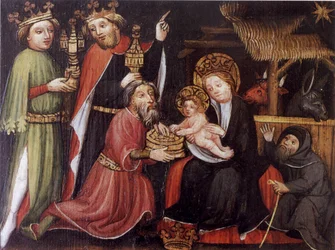 Tillbedjan av Magi, okänd mästare, omkring 1400; Isny Evangeliska sjukhusstiftelsen