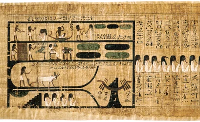 Forntida egyptisk dödbok på papyrus som visar skrivna hieroglyfer