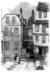 Gamla hus i templet och Oliver Goldsmiths grav, London, 1860