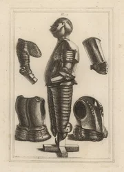 Urgammal rustning för John de Courcy, Earl of Ulster 1, och pauldron, garde-messing, avant-messing eller vambrace of Duke of Monmouth 2
