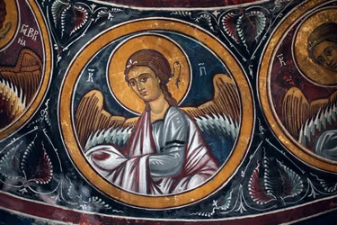 Ängelmedaljong runt Kristus och den sista domen Detalj av den bysantinska fresken från Narthex-valvet i kyrkan i Asinou Senaste domsscen 1300-talet (1332) UNESCO, världsarv Troodos-regionen, Cypern