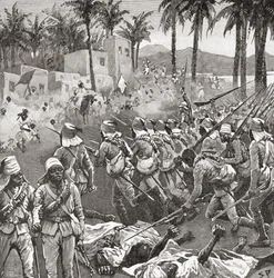 Anglo-egyptiska trupper stormar byn Ferkeh i slaget vid Ferkeh eller Firket, 7 juni 1896, under Mahdistkriget.