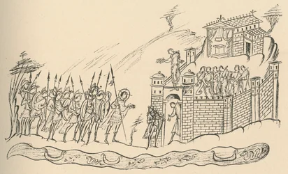 Anglosaxiska krigare närmar sig ett fort, 1908