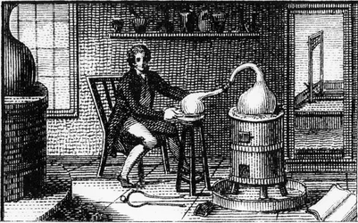 Antoine Laurent Lavoisier, fransk kemist från 1700-talet, i sitt laboratorium, 1814