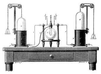 Antoine Lavoisier apparat för att syntetisera vatten från väte vänster och syre höger, 1881