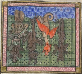 Apokalyps, detalj: Demoner faller från himlen, ca 1370-1375