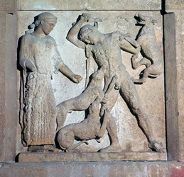 Arkaisk metop som visar Actaeon och Artemis, 500-talet f.Kr