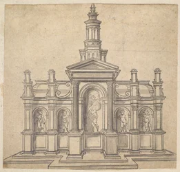 Arkitektoniskt format tabernakel med en helgon och fyra Putti, ca. 1530-49.