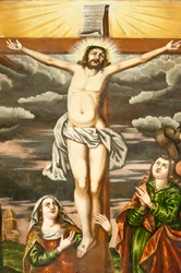 Armeniska apostoliska kyrkan; Väggmålning; scen från Nya testamentet; Jesu korsfästelse; Vanks katedral; Jolfa eller Nya Julfa; Isfahan; Iran; Asien