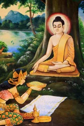 Den asketiske Buddha erbjöds en skål mjölkris av Nandabala på morgonen då han nådde upplysning. Målning som skildrar Shakyamuni Buddhas livshistoria. Wat Ong Teu Mahawihan. Den Tunge Buddhas Tempel. Vientiane. Laos, 20151028, Vientiane, Laos