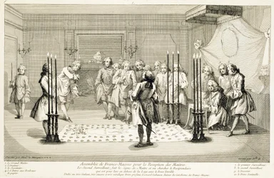Frimurarnas sammankomst före invigningen av en mästare, cirka 1733