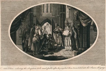Athelstan beordrade publicering av skrifterna översatta till anglosaxiska, 930-talet 1793