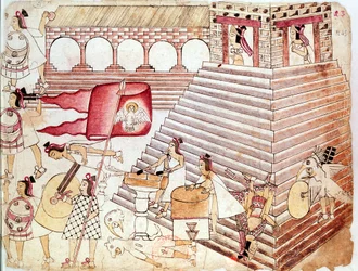 Aztekiska krigare som försvarar templet i Tenochtitlan, Mexiko