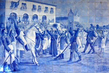 Azulejo-mosaik som visar Cachoeira-folk som hejar på prins Pedro, som ledde Brasilien till självständighet, Cachoeira, Brasilien