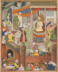 Babur får byte och Humayuns salut efter segern över Sultan Ibrahim..., ca. 1596-1597 eller
