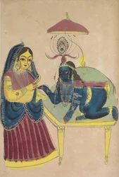 Baby Krishna ber om smör från Yashoda, 1800-talet.