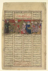 Bahram Chubina möter en dam som förutsäger sitt öde, Folio från en Shahnama..., ca. 1330-40.