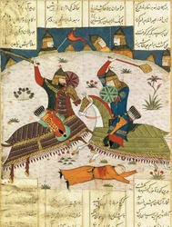 Bahram Shubinas nattattack på lägret Khusrau Parviz, ca. 1420. Målad miniatyr,