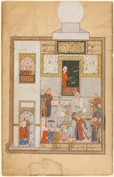 Bahram besöker White Domed Pavilion recto, en del av Khamsa of Nizami, Haft Paykar..., ca. 1560-15