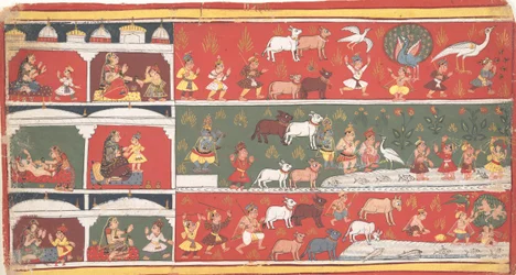 Bakasura, Trandemonen, anländer till Brindavan... en Dispersed Bhagavata Purana..., ca. 1700.