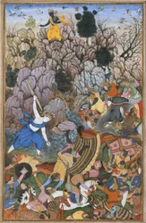 Balarama och Krishna slåss mot fienden, Folio från en Harivamsa The Legend of..., ca. 1590-95.