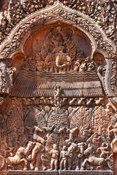 Banteay Srei-templet i Angkor i Kambodja. Intrikat snidade. Siem Reap Kambodja