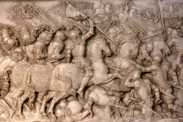 Basilica of St, Denis, Tomb of Francis 1 kung av Frankrike och Claude av Frankrike, Foundations lågrelief, Skildring av slaget vid Cerisoles, här det franska kavalleriet vända mot de kejserliga trupperna, Saint-Denis, Frankrike