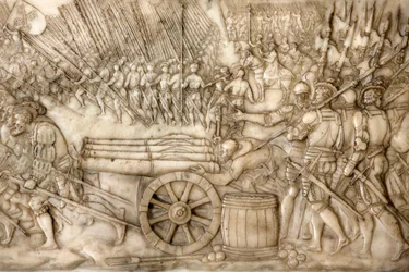 Basilica of St, Denis, Tomb of Francis 1 kung av Frankrike och Claude av Frankrike, Foundations lågrelief, Skildring av slaget vid Marignano 1515 - de gamla schweiziska konfederationens trupper, Saint-Denis, Frankrike