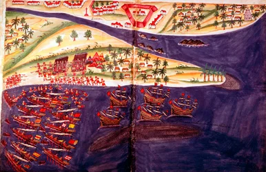 Strid mellan muslimer och portugiser vid Surat, Gujarat nära Bombay, Indien, c1500-talet