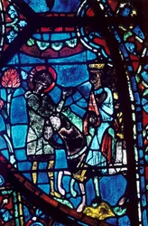 Baudoin berättar för Karl den Store om Rolands död, målat glas, Chartres katedral, 1194-1260