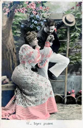 Var försiktig, vintage franskt vykort, c1900