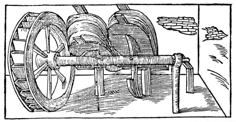 Bälg som drivs av en kamaxel som drivs av ett vattenhjul, 1540